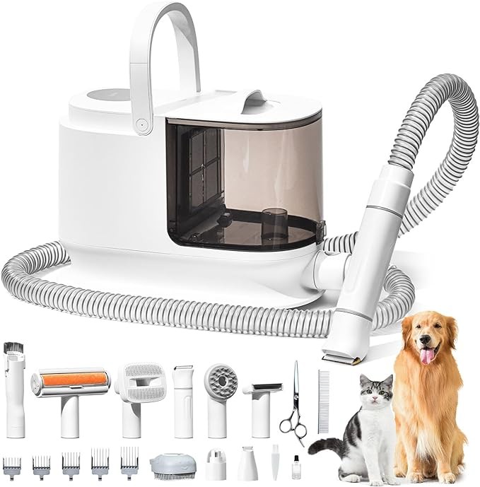 Bunfly Dog Grooming Kit with 13000kpa Strong Grooming & Vacuum Suction 99% Pet Hair,3L Capacity,11 Grooming Tools Dogs Cats and Other Animals,Home and Car Cleaning -White