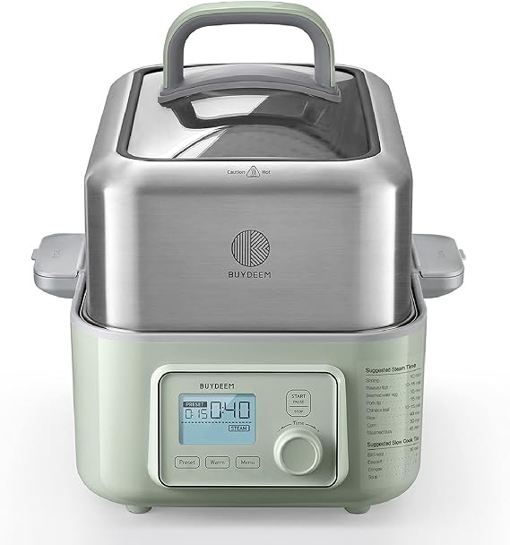 BUYDEEM G563 5-Quart Electric Food Steamer for Cooking, One Touch Vegetable Steamer, Digital Multifunctional Steamer, Quick Steam in 60s, Stainless Steel Steamer Tray & Glass Lid, Cozy Greenish