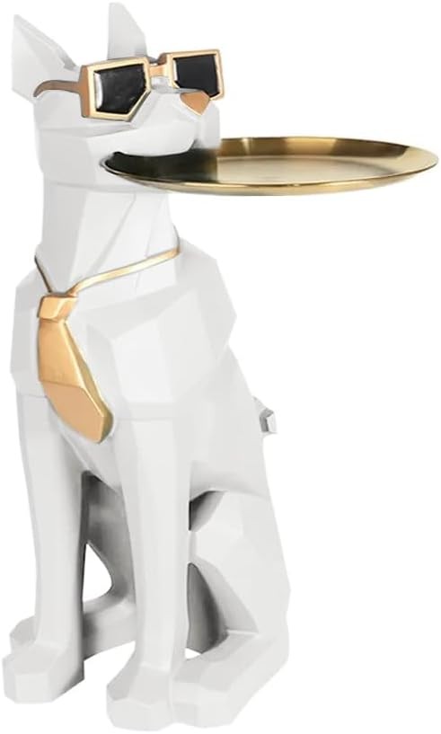 homary Modern Resin Dog Sculpture Geometric Standing Statue Cute End Side Table with Metal Storage Tray Tissue Box (White)