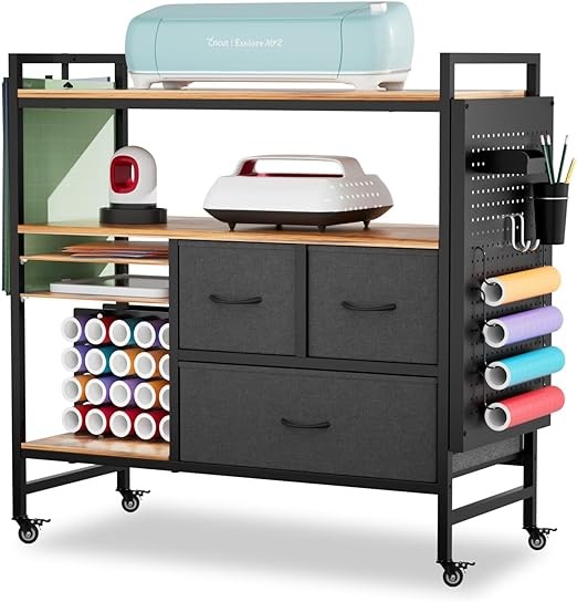 PUNLUXU Cricut Organization and Storage Craft Cart Compatible - Vinyl Roll Holder, DIY Pegboard with Accessories Organizer, Rolling Craft Table with Storage Cabinet Workstation for Home Craft PU